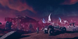 An astronaut and his space buggy on a purple-hued planet