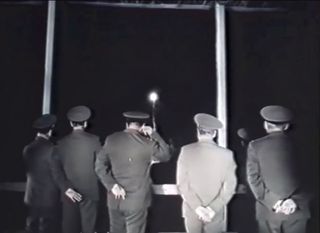 Russian officials watch the harrowing Soyuz T-10-1 launch abort of cosmonauts Vladimir Titov and Gennady Strekalov on Sept. 26, 1983.