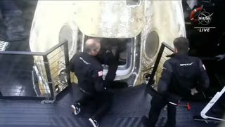 SpaceX Crew-5 Dragon Endurance hatch is opened after splashing down in the Gulf of Mexico off the coast of Tampa Bay, Florida on March 11, 2023.